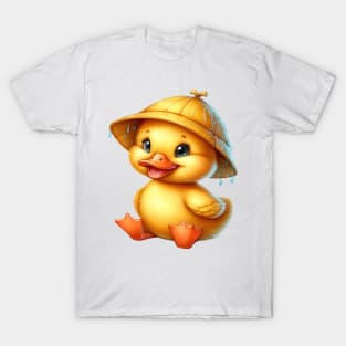 Cute Yellow Duck sitting in the rain wearing a rain hat. T-Shirt